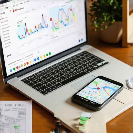 A workspace with a laptop showing local SEO stats and maps, notes, and a smartphone.