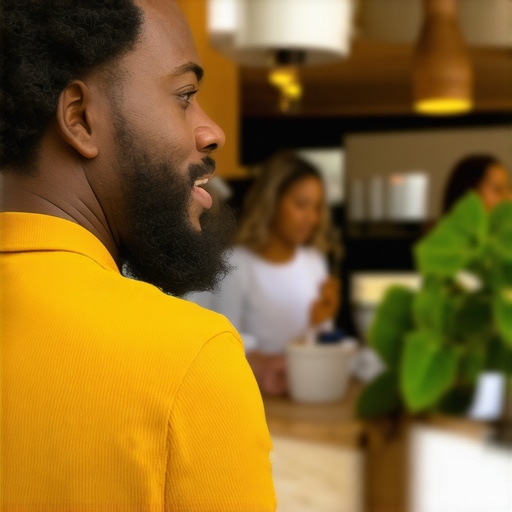 Business owner engaging with community, optimizing local SEO with schema and reviews, in a vibrant local setting