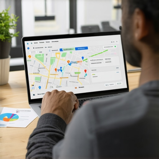 Person reviewing local SEO performance using digital tools and Google Maps dashboard.