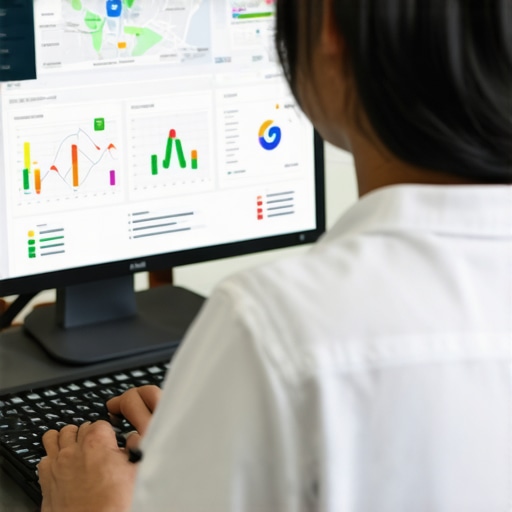 Person analyzing local SEO metrics on a computer with maps and charts.