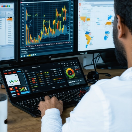 Person analyzing local SEO metrics on multiple screens with maps and graphs