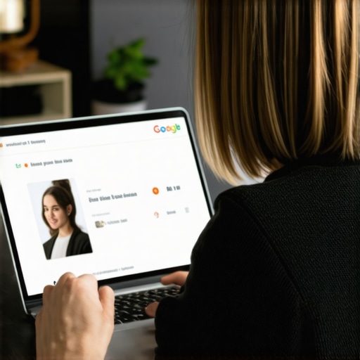 Business owner working on Google My Business profile on laptop, focusing on local SEO tactics.