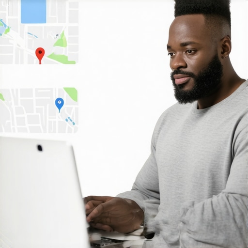Business owner editing Google My Business profile on laptop showing local map and keywords.