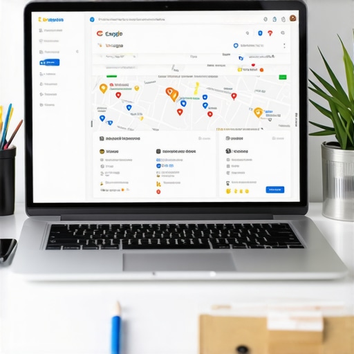 A workspace with digital marketing tools, showing Google Maps and SEO analytics.