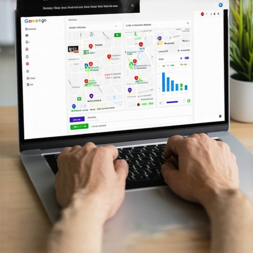 Optimizing Google My Business Profile for Local SEO Success Person working on Google My Business profile on laptop with maps and analytics