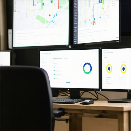 Strategic Local SEO Dashboard Setup A workspace with multiple monitors displaying local SEO dashboards, maps, and citation tools.
