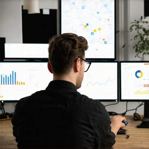 Advanced Local SEO Analysis SEO specialist analyzing local SEO data on multiple screens with maps and charts.