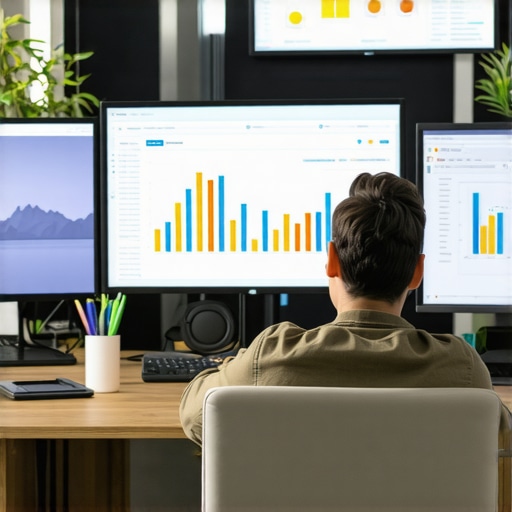 Digital marketer reviewing SEO analytics on computer screens