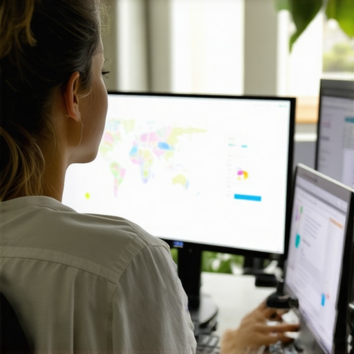 A person reviewing local SEO metrics and maps on screens to optimize Google My Business rankings.