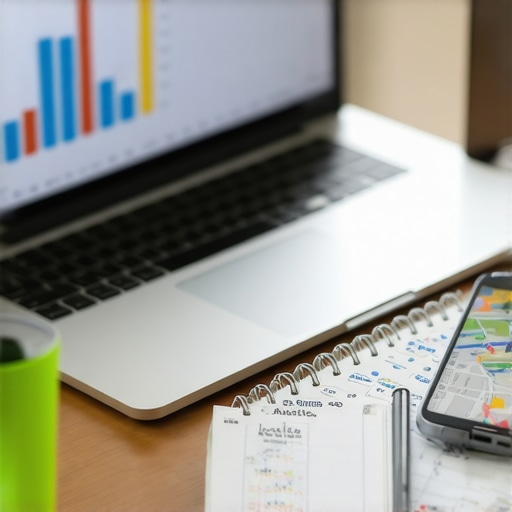 A laptop showing local SEO analytics with nearby devices and notes on Google Maps optimization