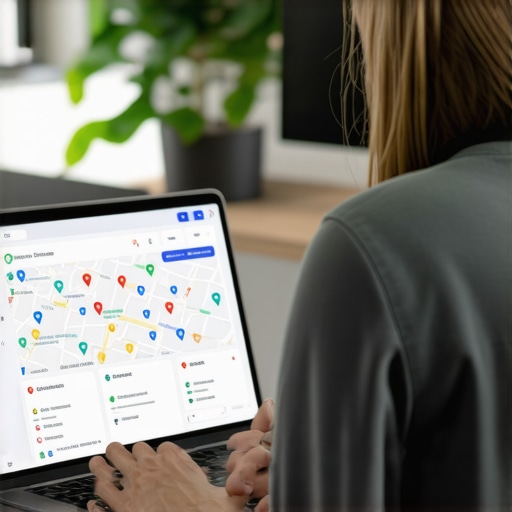 Business owner working on Google My Business profile with maps and SEO tools in office
