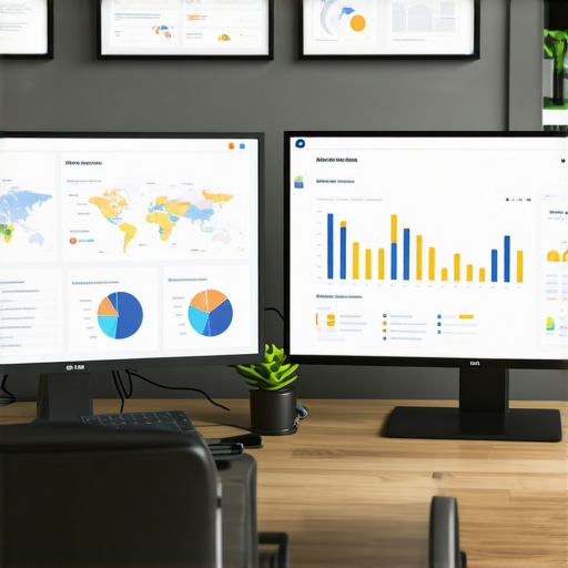 A workspace with multiple screens displaying local SEO metrics, rankings, and analytics tools