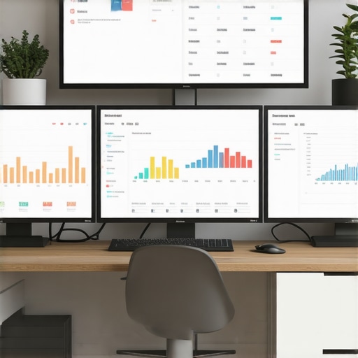 SEOToolsWorkspace A desk with computer screens showing local SEO analytics and ranking dashboards