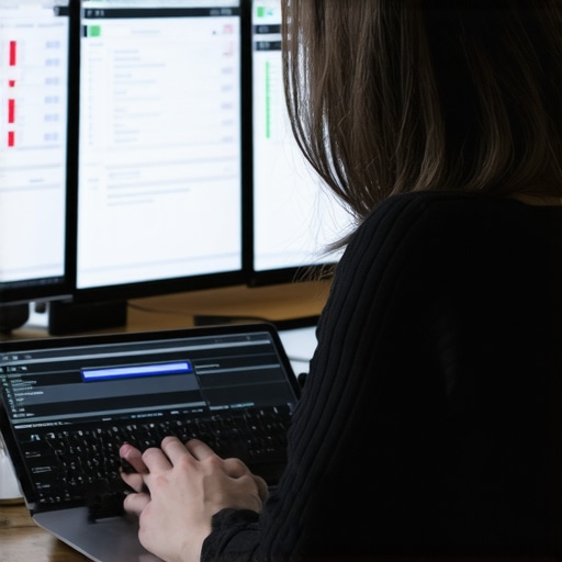 Expert Analyzing Local SEO Data Person analyzing multiple monitors displaying local SEO metrics