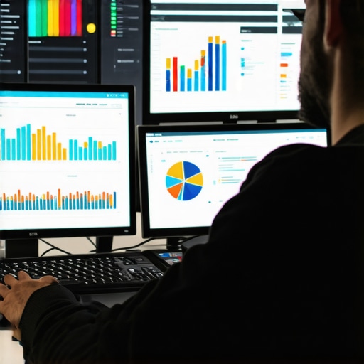 Monitoring Local SEO Tools for Map Pack Success A person analyzing SEO data on multiple monitors for local map ranking.