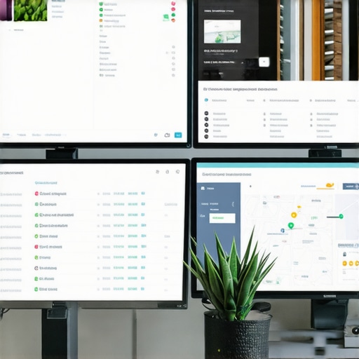 Optimized SEO Workspace with Analytics Dashboard A modern office setup with screens displaying local SEO data and rankings.