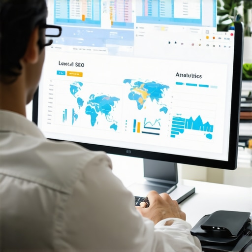 Person reviewing local SEO analytics on screen showing maps and graphs