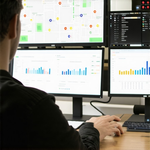 A consultant reviewing geographic data and search engine optimization metrics on multiple monitors.
