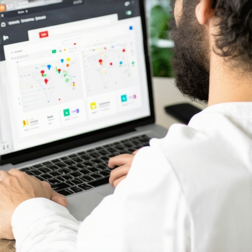 A person analyzing local SEO data on a laptop with maps and charts for map pack optimization