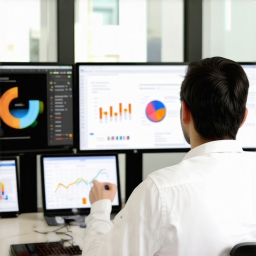 A professional analyzing local SEO performance metrics on multiple monitors