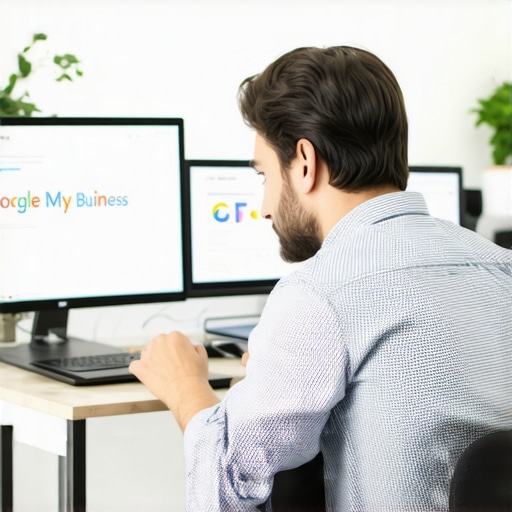 A digital marketer analyzing local SEO data on a computer screen with GMB insights and analytics tools.