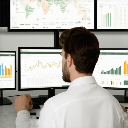 A professional analyzing local map rankings and data charts on multiple screens.