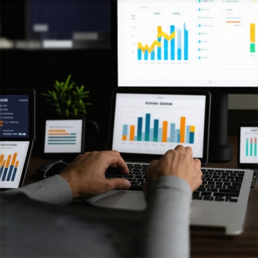 A professional working on SEO analytics with multiple screens