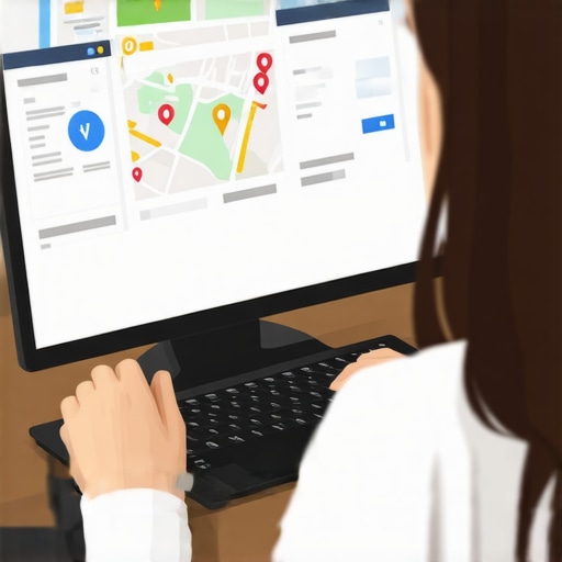 Person updating Google My Business profile on a laptop with charts and local maps visible.