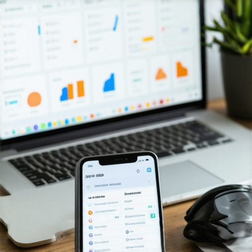 SEO Tools at Work for Local Business A workspace with computer and smartphone displaying local SEO analytics and review management tools.