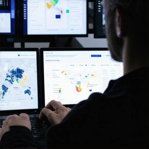 Professional analyzing local SEO metrics and map pack performance on multiple screens.