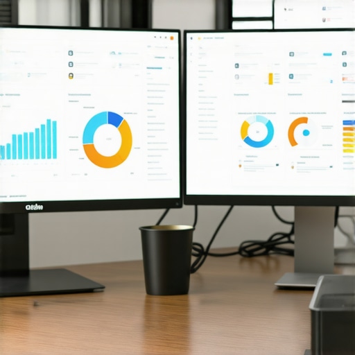 Tools for Long-Term Local SEO Maintenance A professional workspace featuring multiple screens with local SEO and rank tracking dashboards.