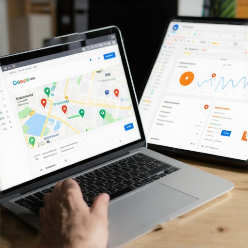 Analyzing Local SEO Metrics for Map Visibility Business owner reviewing GMB and local SEO analytics on a laptop, with Google Maps on screen.