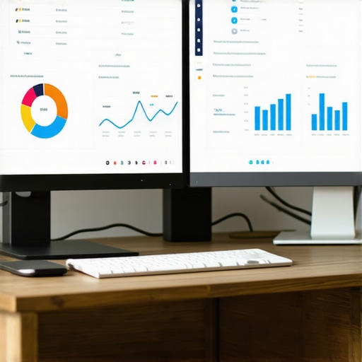 A modern desk setup with screens showing local SEO tools and analytics dashboards.