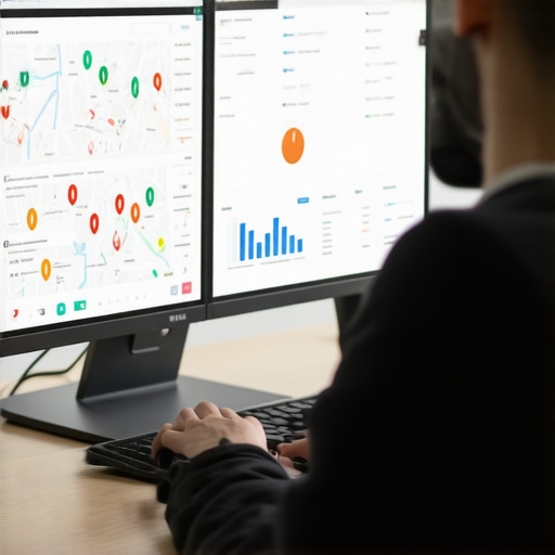 Using Advanced Local SEO Tools for Map Rankings A person analyzing local SEO metrics on a laptop with maps and graphs in the background.